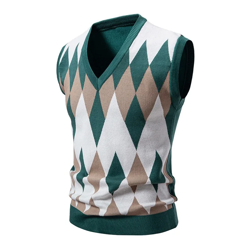 Bild 4: Neue Herren-Argyle-Strickweste mit V-Ausschnitt, ärmellos, lässig, schmal geschnitten, Pullover, leichte Strickweste
