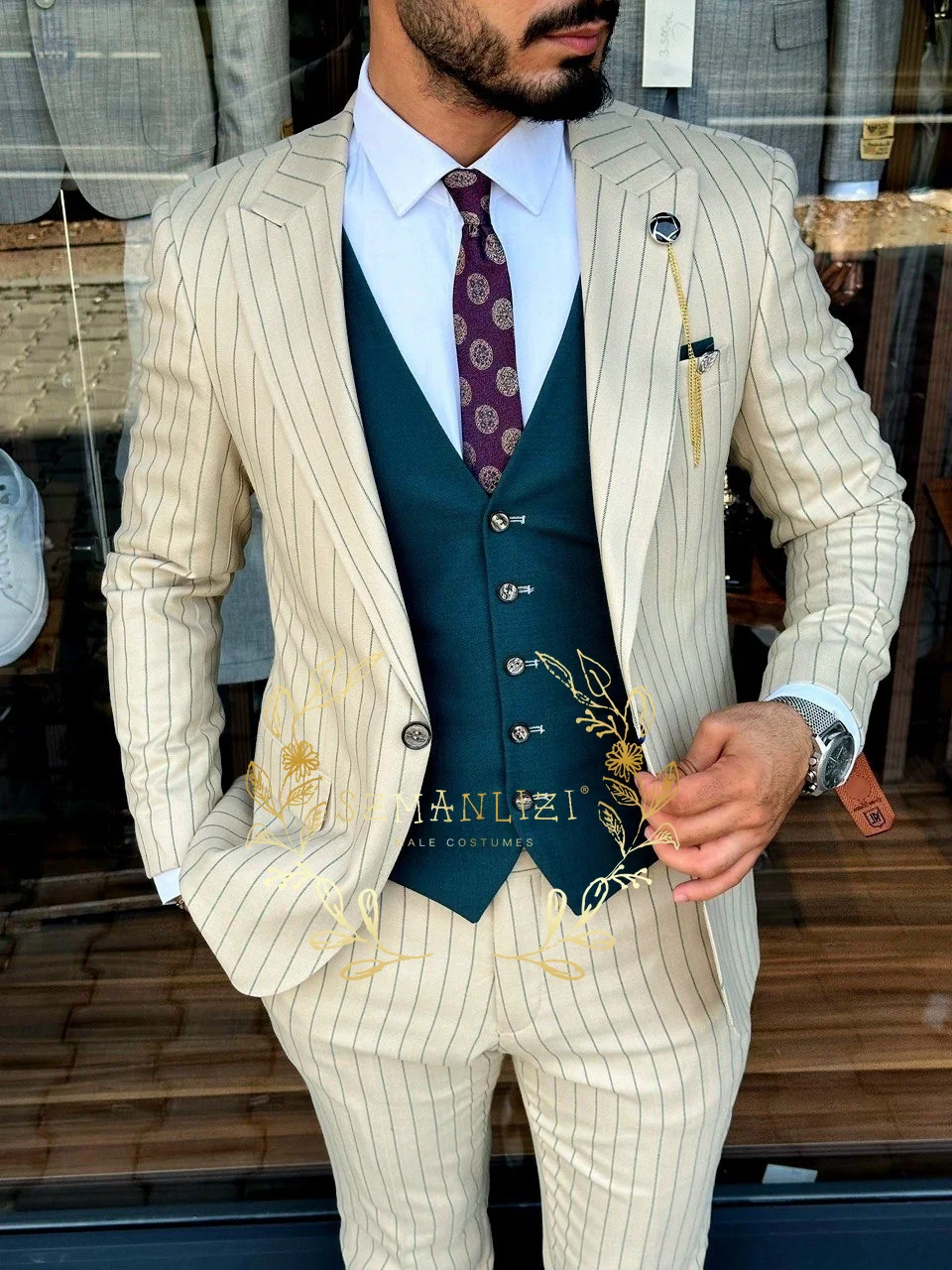 

Striped Groom Tuxedo Men's Suits 3 Piece Slim Fit Best Man Wedding Party Male Suit Tailor Made Custome Homme (Blazer+Vest+Pants)