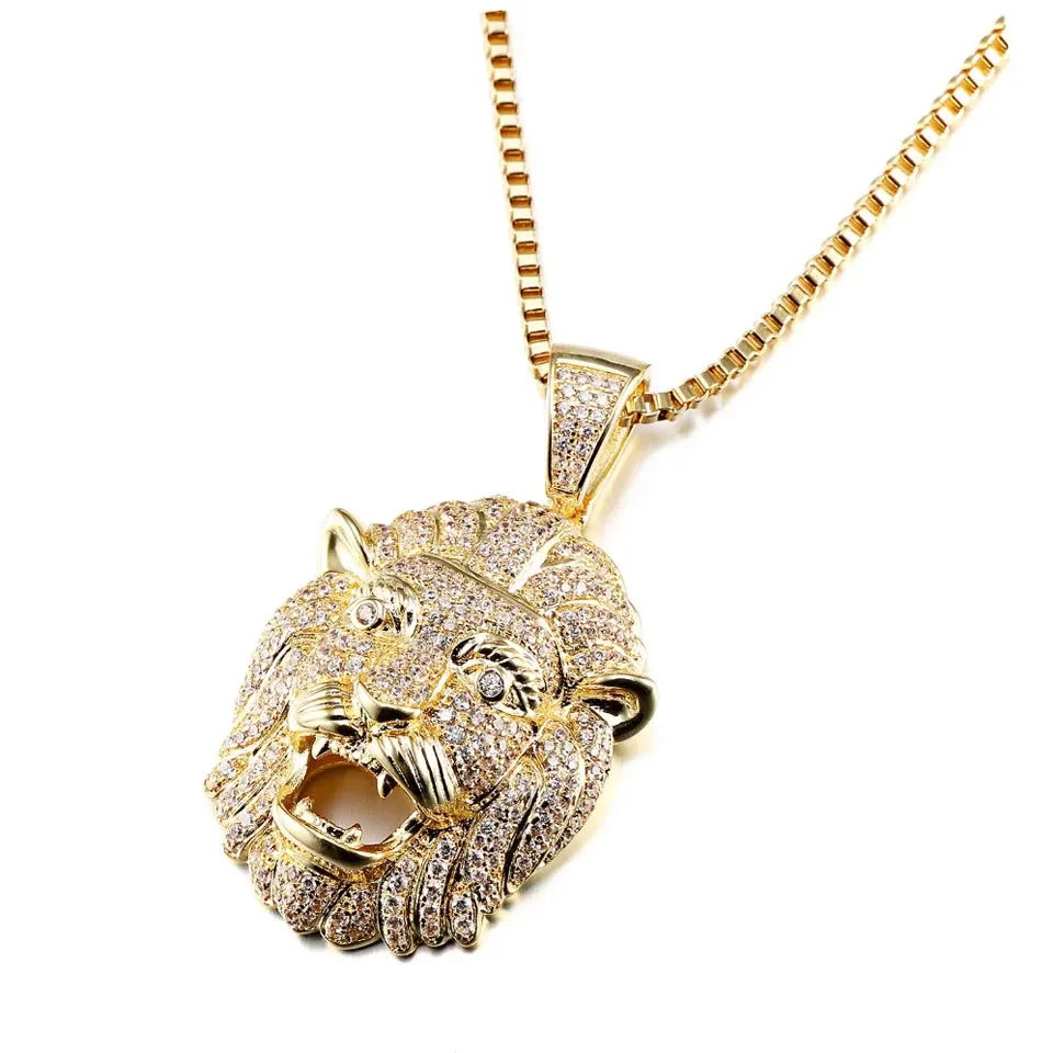 

VANAXIN Lion Head Necklaces Pendants Hiphop Men Necklace Cubic Zircons Iced Out Punk Gold Silver Color Jewlry Box Gift