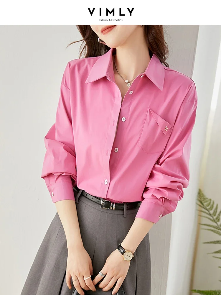 

Vimly Pink Casual Shirts for Women Spring 2024 Korean Fashion Long Sleeve Tops Cotton Blend Button Down Shirts & Blouses V7799