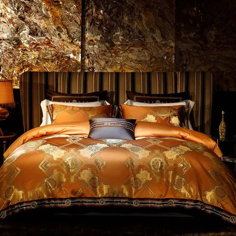 Satin Embroidery Duvet Cover Set California King/King Cotton Sateen Luxury European Jacquard Duvet Cover Bed Sheet Pillowcases