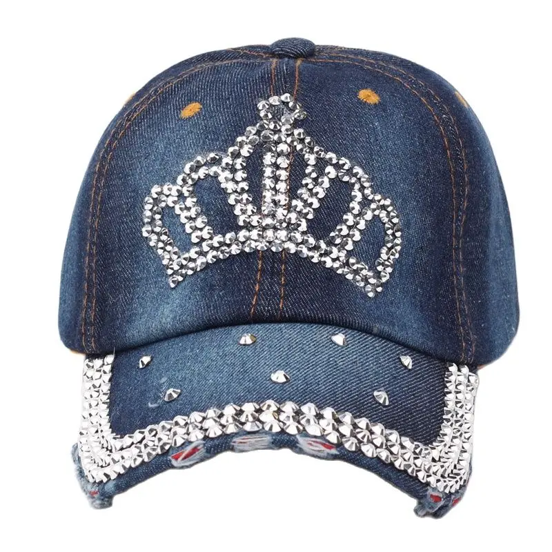 Women Bling Tiara Distressed Denim Baseball Cap Rhinestones Embellished Washed Retro Style Adjustable Hat