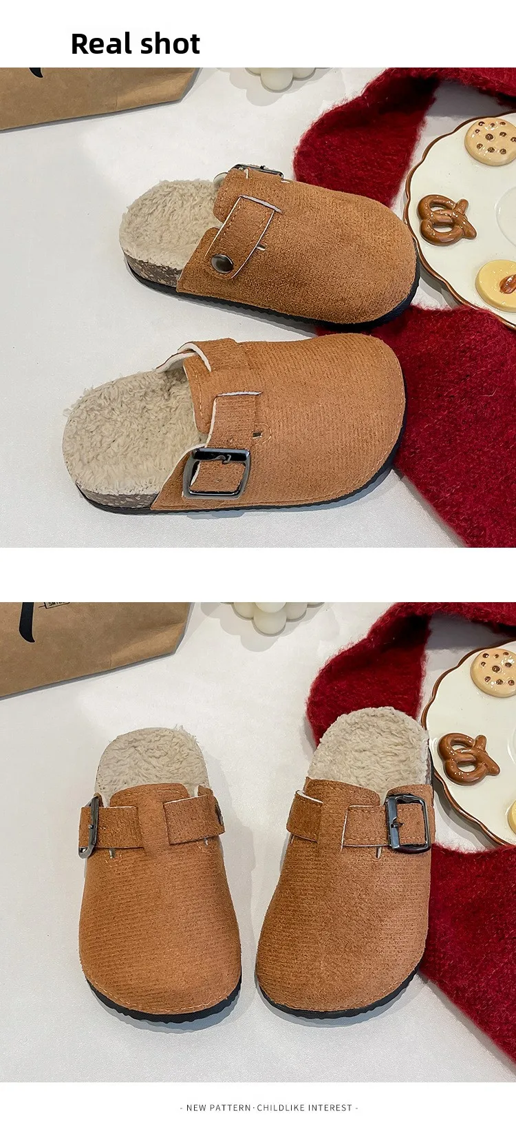 2023 Jungen Mädchen Winter Warme Plüsch Kork Fußbett Pelz Clogs Hausschuhe Dame Pelzigen Haus Wohnungen Baumwolle Hausschuhe – Detail 8