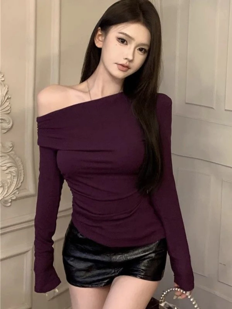 2024 Spring Purple Y2k Crop Tops Woman High Street Design Pure Color T-Shirt Casual Streetwear Tee Shirt Korean Fashion Clothing