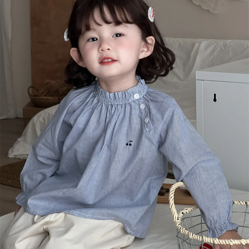 2024 Girls' Japanese Style Small Fresh Oblique Front Blouse Autumn New Product Children's Striped Embroidered Shirt