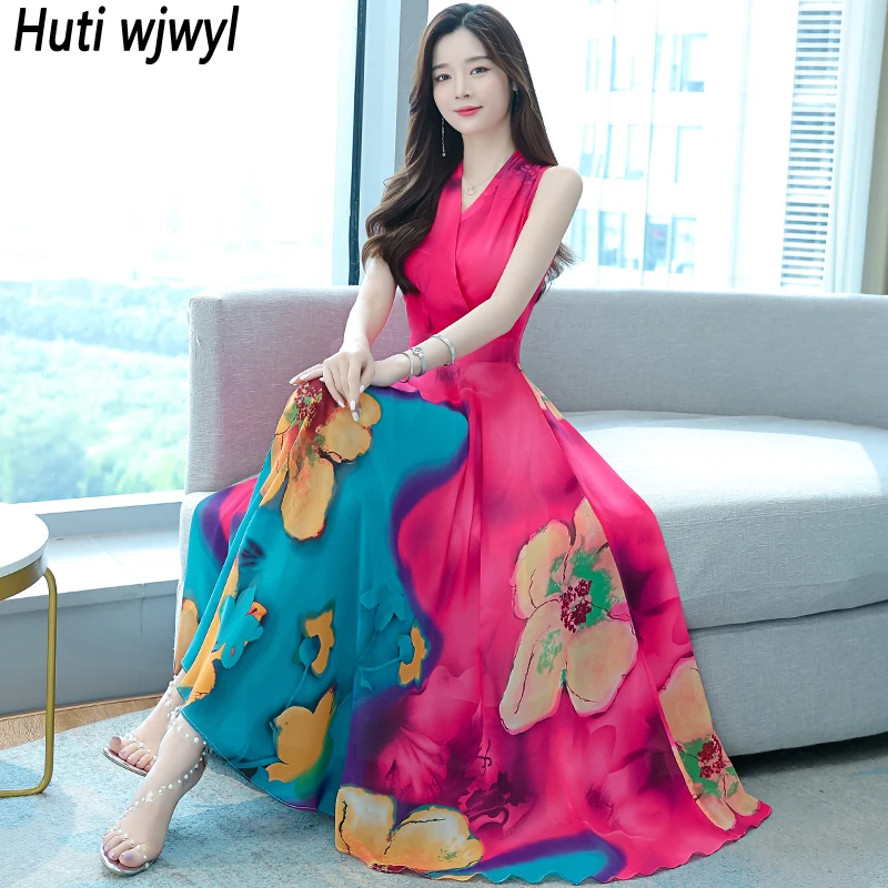 2024 New Women Boho Floral Chiffon Casual Beach Maxi Dress Summer  Sleeveless Sexy Sundress Vintage Elegant Bodycon Party Vestido - AliExpress  200000345