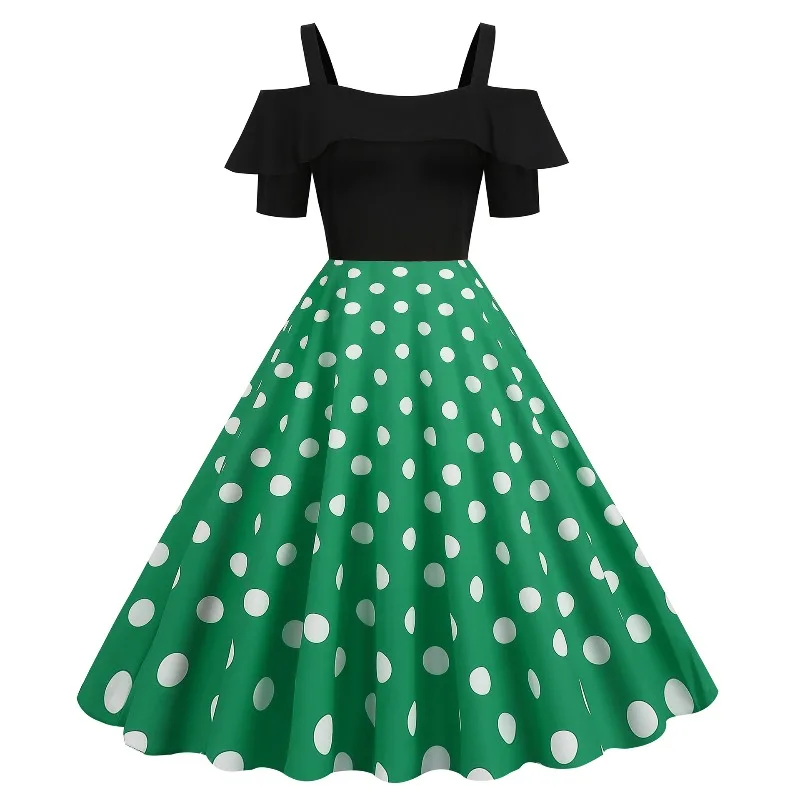 2025 New Vintae Elegant Party Dress 1950s Women Retro Polka Dot Square Neck Low Back A-Line Dresses Cold Shoulder Vacation Robe