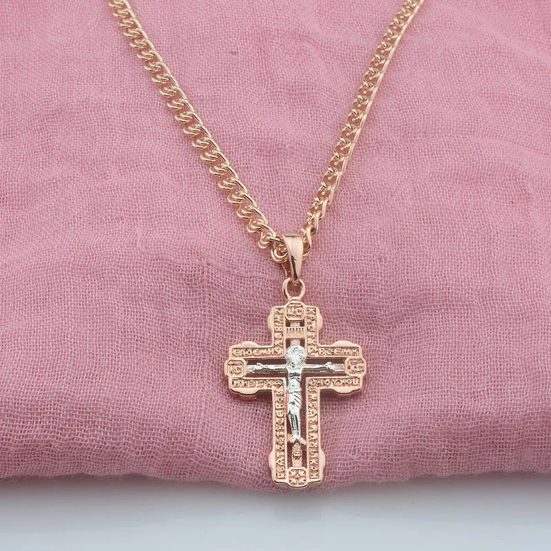 FJ Mens New White Cross Women 585 Rose Gold Color Necklace Pendants