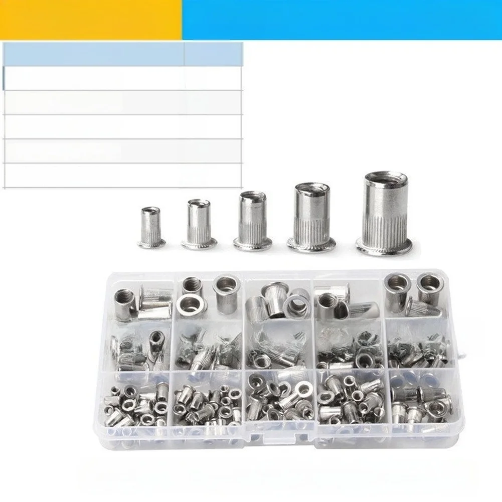 93PCS 304 Stainless Steel Rivet Nut Kit For M3 M5 M6 M8 For M10 Flat Head Grooved Blind Nuts Set For Metal Wood Construction Fas