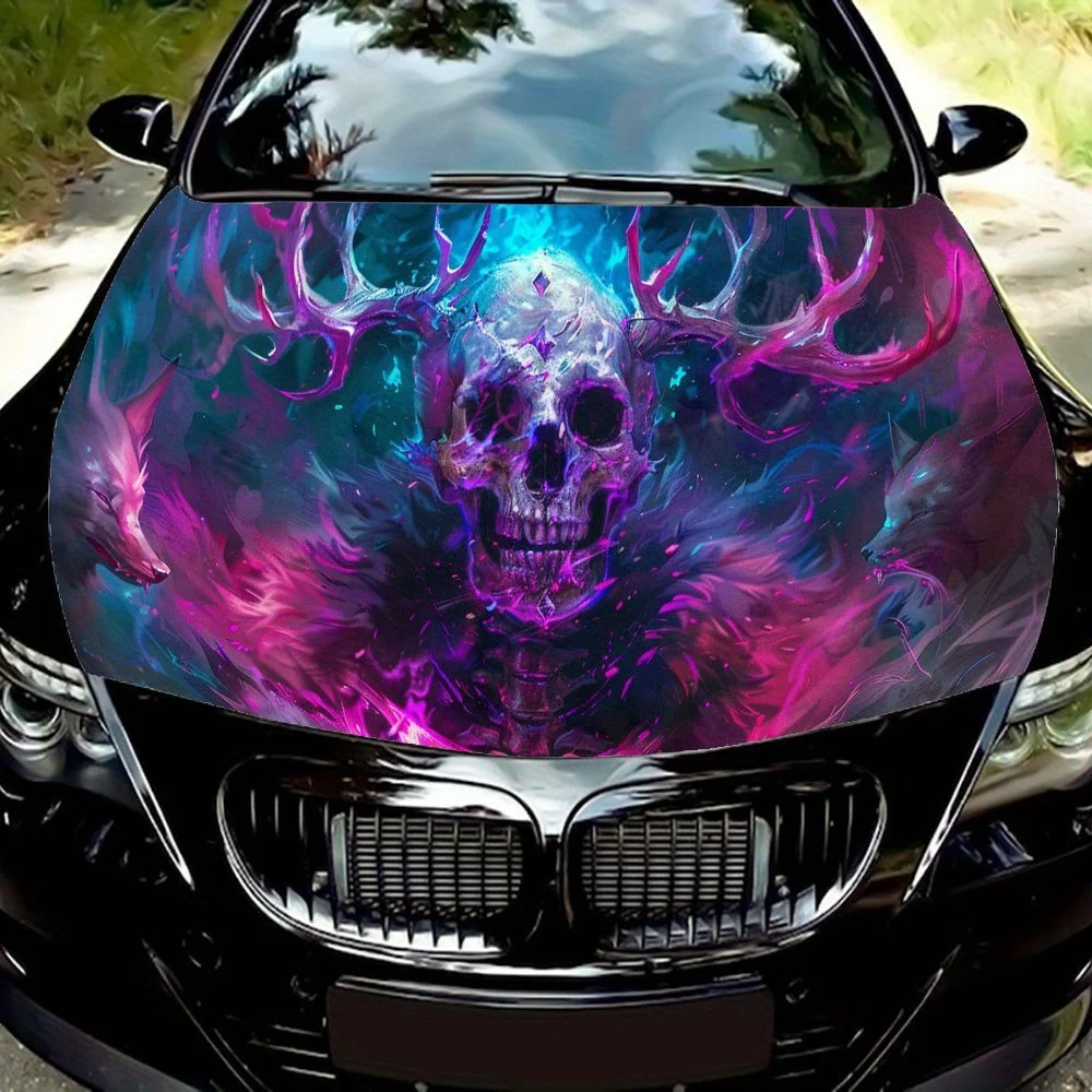 

Флуоресцентный череп с рогами, ПВХ автомобильные виниловые обертки, самоклеящаяся водонепроницаемая наклейка на капот автомобиля, защита украшения автомобиля St