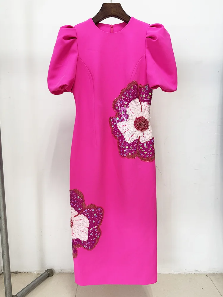 HIGH STREET Neueste 2025 Designer-Mode Damen Perlen-Pailletten Dreidimensionales Blumen-Kurzarmkleid
