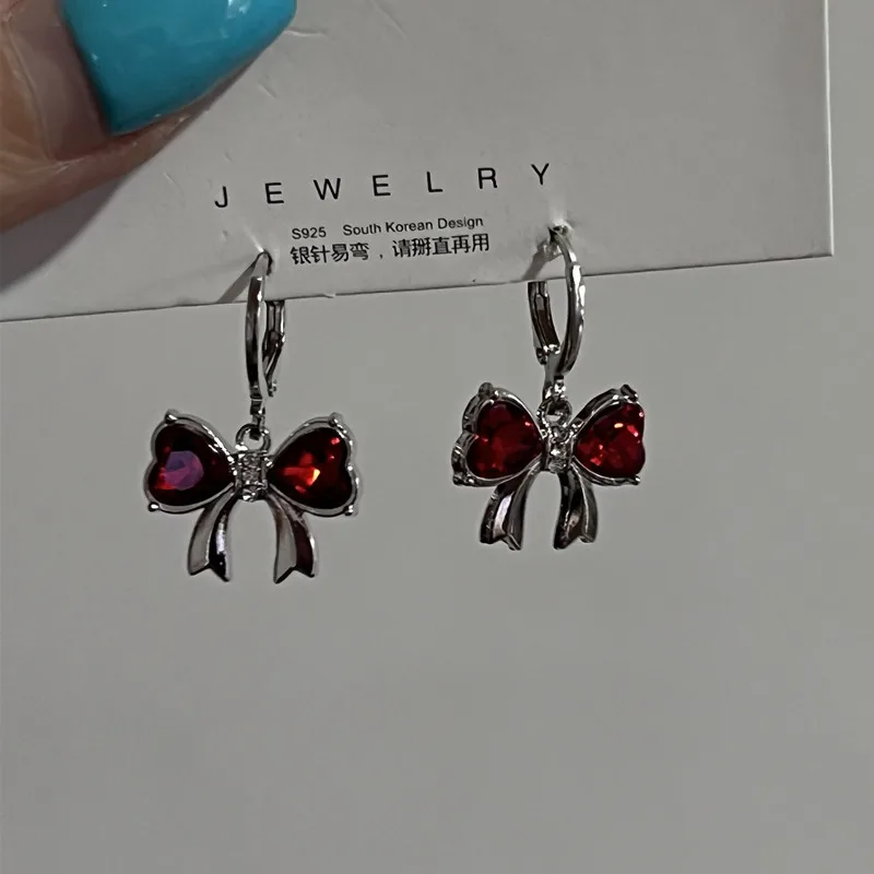 Elegant Wine Red Bow Dangle Earrings for Women Enamel Oil Crystal Drop Earrings Trendy Cute Jewelry Gift