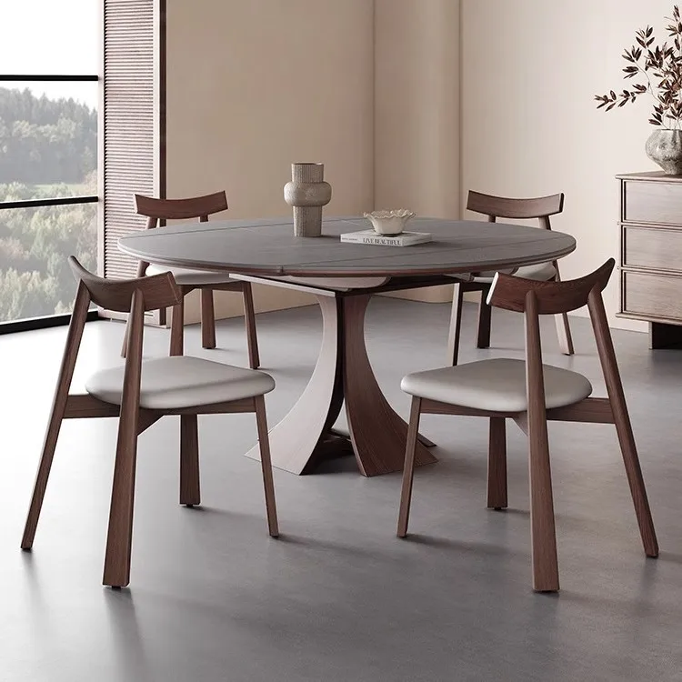 Nordic telescopic rock slab dining table round household variable round table small apartment square and round dual-purpose