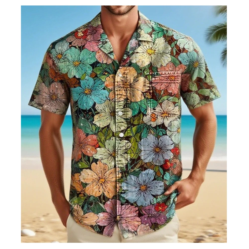

Fashionable pattern men's short sleeved shirt printed shirt with ethnic style unique copywriting linen men's shirt