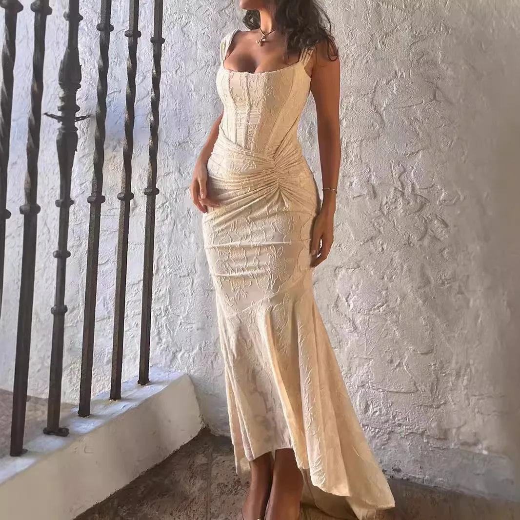 

Sexy Women's Lace Solid Satin Sleeveless Dresses Female Fishbone Camisole Slim Fit Fishtail Dress French Solid Evening Robes