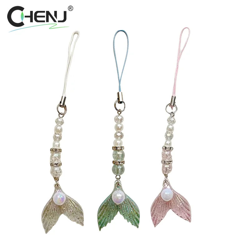 1Pcs Mermaid Tail Pendant Macaroon Beading Keychain Phone Chain Lanyard Original Anti-lost Decoration Accessories Gift