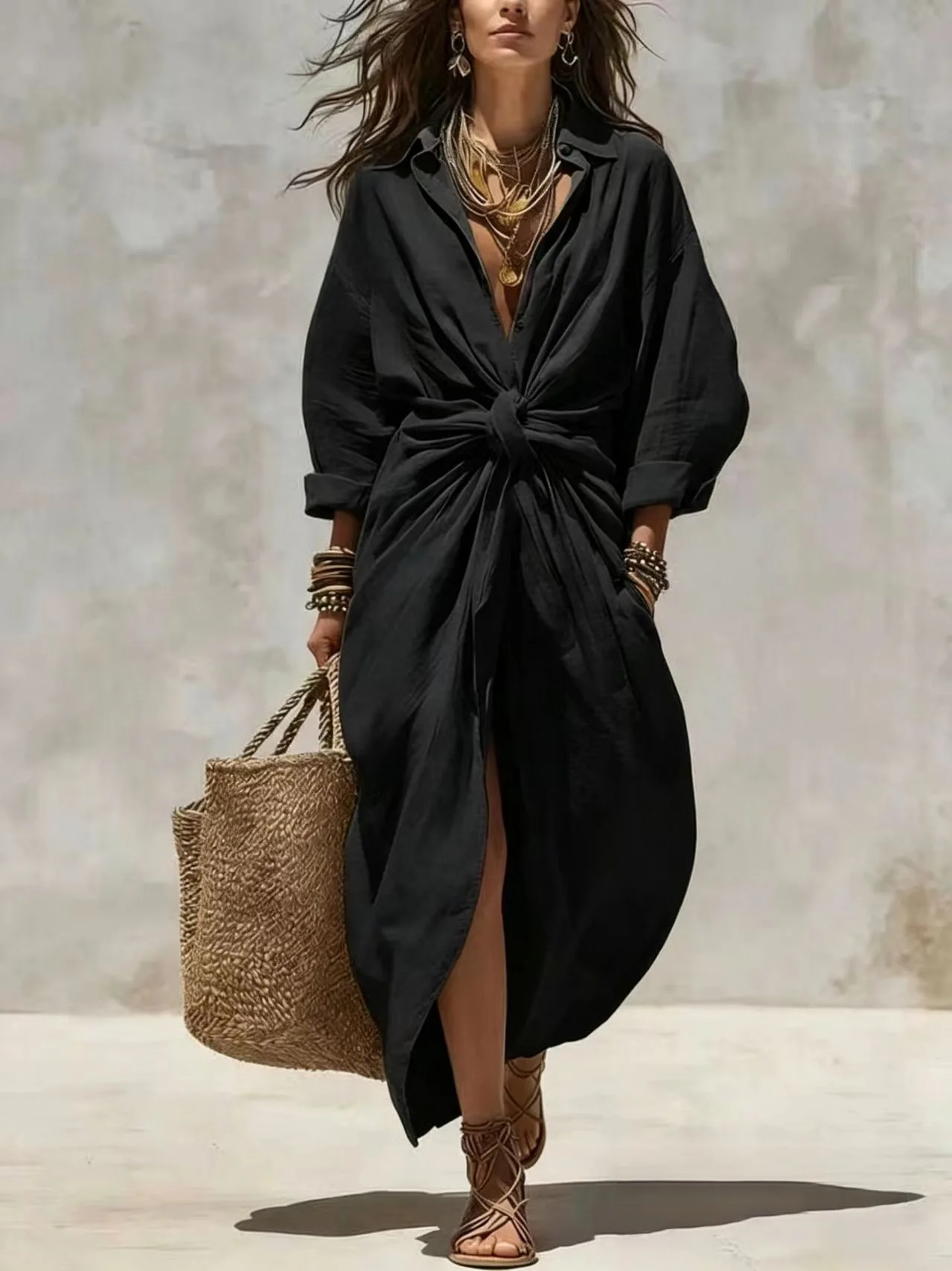 Boho White Linen Cotton Shirt Dress Long Sleeve High Waist Knot Maxi Dress Casual Loose Split Hem Summer Beach Dresses for Women view 4