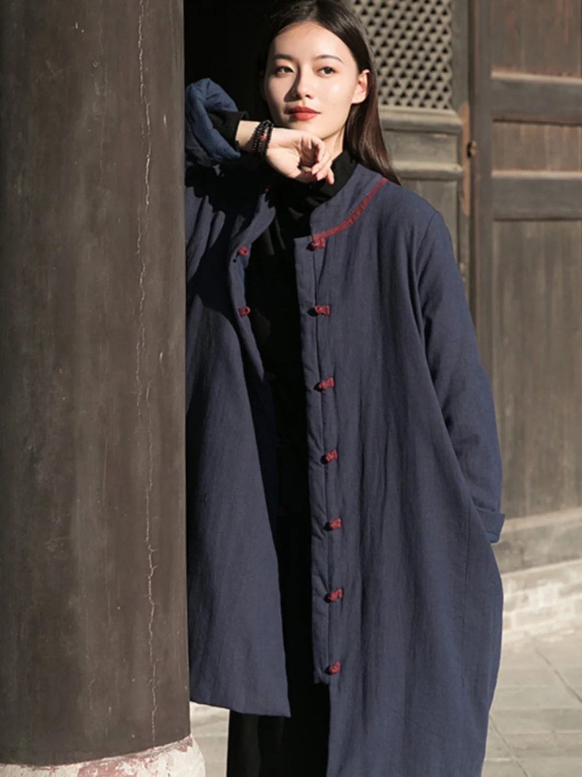 Thickened Cotton Padded Stand Collar Women's Jacket Winter Warm Outerwear Zen Style Durable Linen Washed Mid-Length Coat