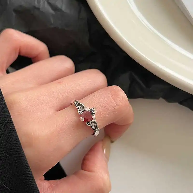 Vintage 925 Sterling Silver Wing Crystal Heart Finger Ring Open Silver Rings For Women Wedding Luxury Fine Jewelry Brand Gift