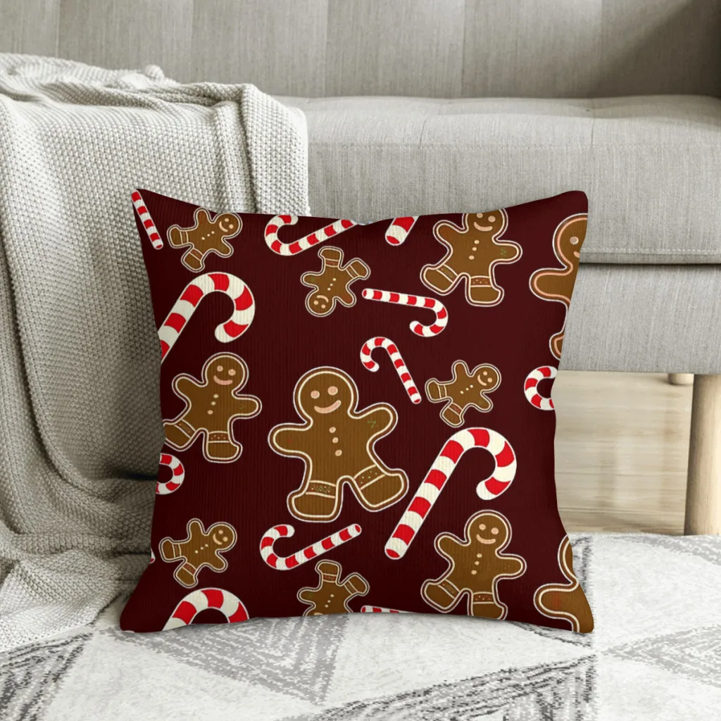 Christmas Candy Cane and Gingerbread Man Merry Christmas Polyester Cushion Cover For Sofa Decorative Breathable Hug Pillowcase