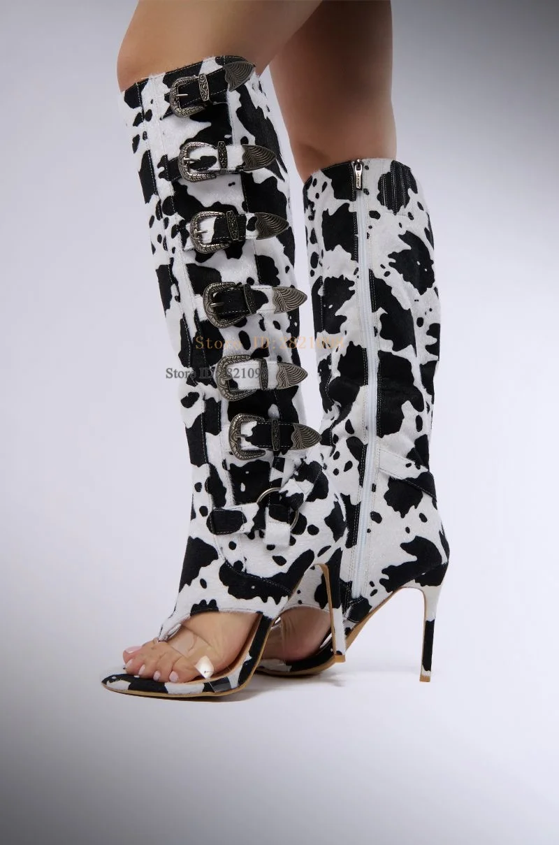 

Cow Print Faux Horse Hair Open Toe Sandal Boots Slim Stiletto Thin High Heel Buckle Strap Fit Heeled Knee Length Women Show Boot