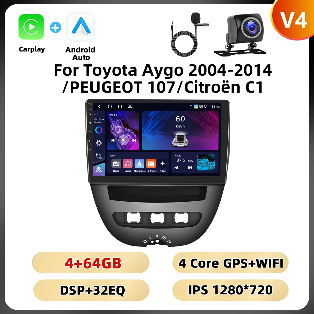 Podofo 10.1 ''8Core Autoradio Voor Toyota Aygo 2004-2014/PEUGEOT 107/Citroën C1 multimedia Speler Carplay Android Auto GPS WIFI