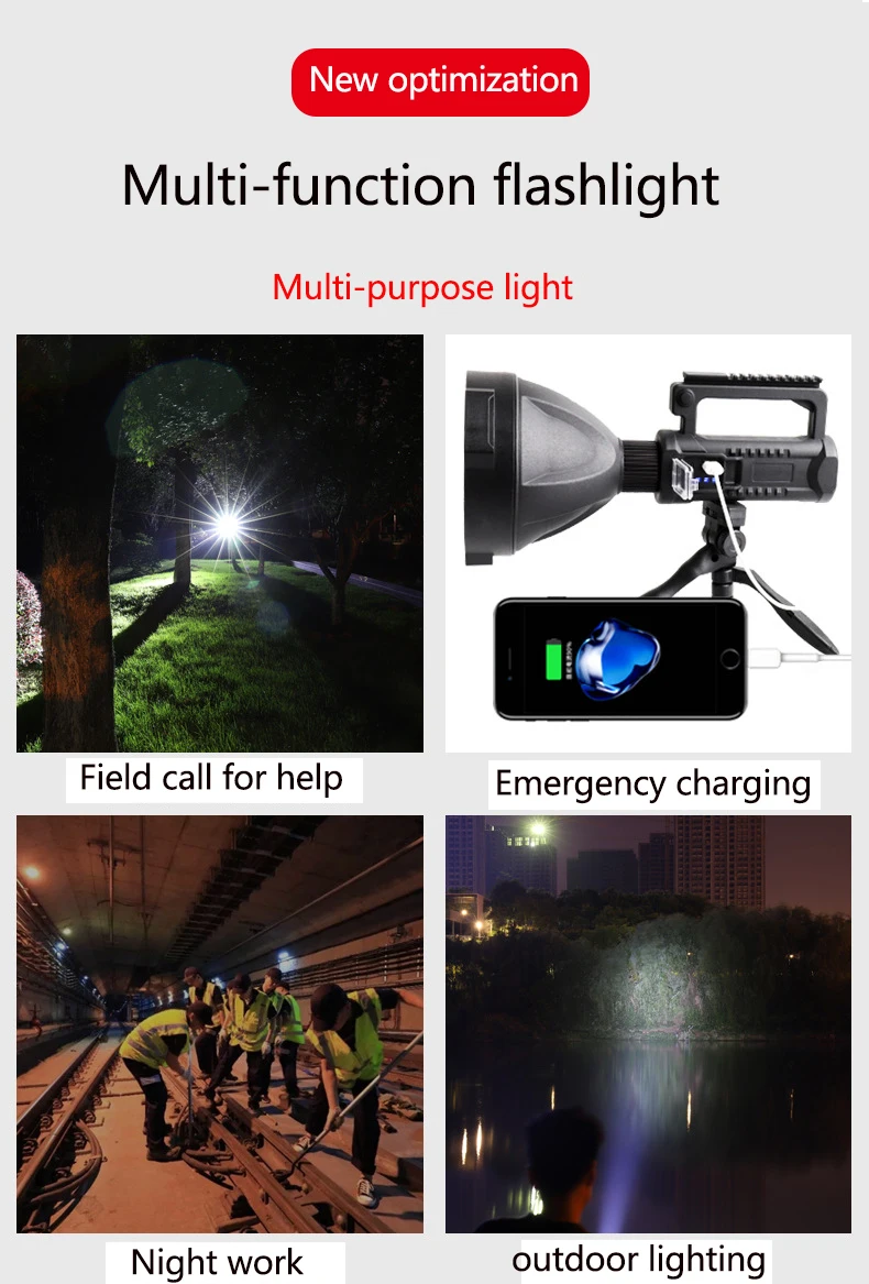 XHP70.2 LED Searchjlight Rechargeable Work Light Flashlight Waterproof Spotlight with Stand Mountable Bracket By Expeditions