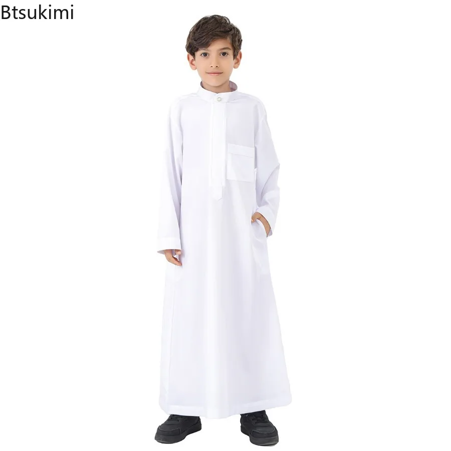 Muslim Kids Clothing Boys Fashion Solid Long Sleeve Kaftan Robes Arab Islamic Caftan Thobe Pakistan Moroccan Abayas Long Dress