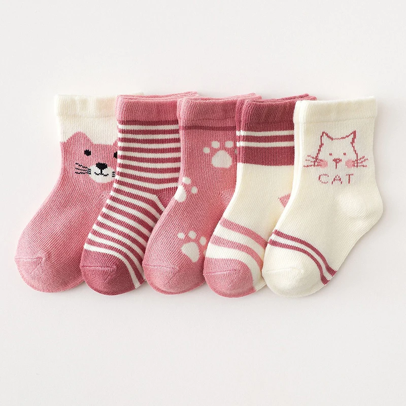 5Pairs/Set Cartoon Baby Girl Socks Cute Cat Striped Print Toddler Mid Tube Socks Autumn Winter Warm Cotton Kids Socks