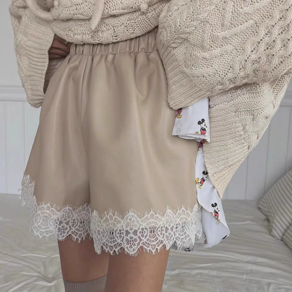 المرأة ربيع الخريف مرونة الخصر الدانتيل المرقعة بولي Leather السراويل الجلدية سيدة الكورية نمط بلون فو الجلود فضفاض السراويل