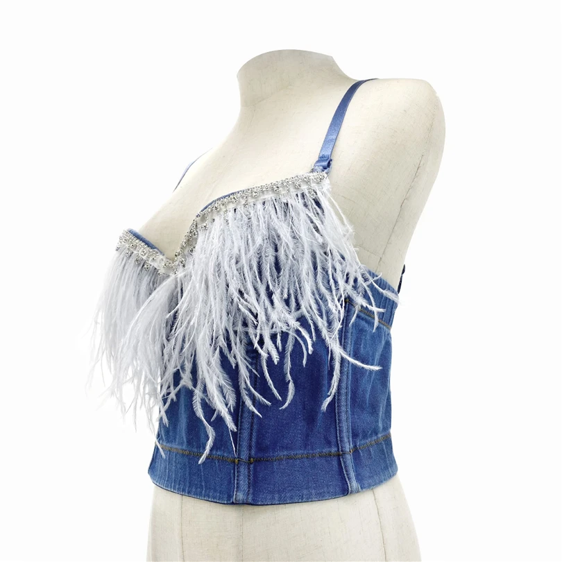 Denim Cropped Tops For Women White Feather Tassel Camisole Tube Top Sexy Tank Top Chic Party Deep V-Neck Push Up Bustier Bra