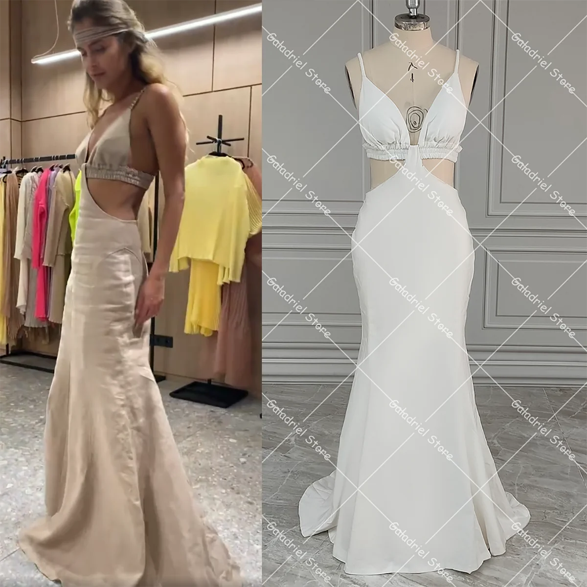 Custom Made Linen Mermaid Sexy Exposed Evening Gowns Spaghetti Straps Real Picture Backless Low Cut Soft Prom Wedding Dress