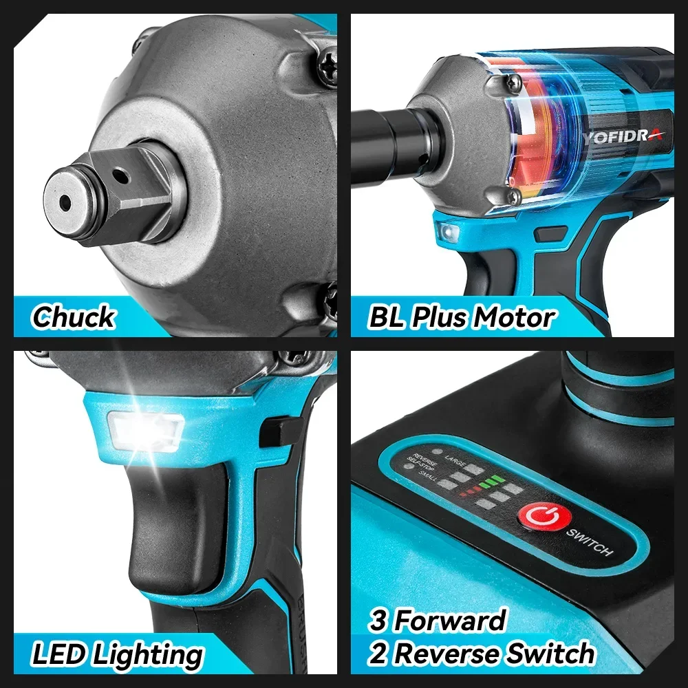 Yofidra 1000N.m Brushless Electric Wrench 1/2 Inch Cordless High Torque Car Driver Impact Power Tools For Makita 18V Battery