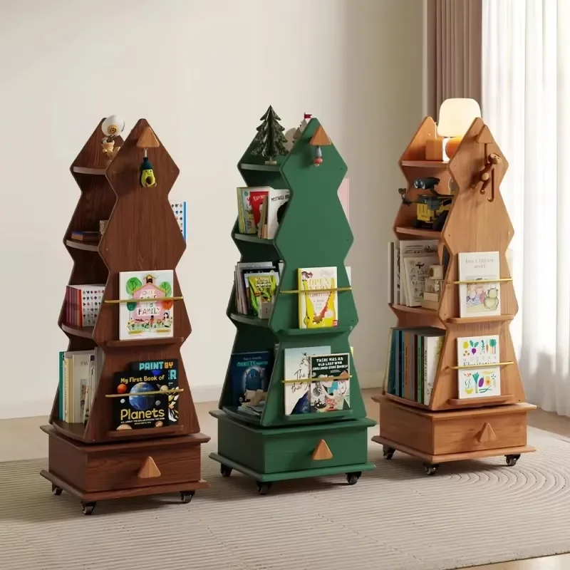 Rotating Bookshelf for Kids Room Solid Wood Tree Shape Storage Rack Removable Children Reading Bookcase Home Decor Gift
