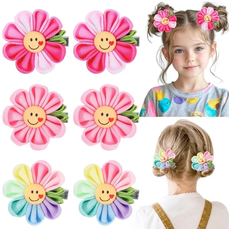 2Pcs Rainbow Flower Smile Face Hair Clips Non Slip Alligator Barrettes Kids Girls Daily School Party Outdoor Hair Accessories