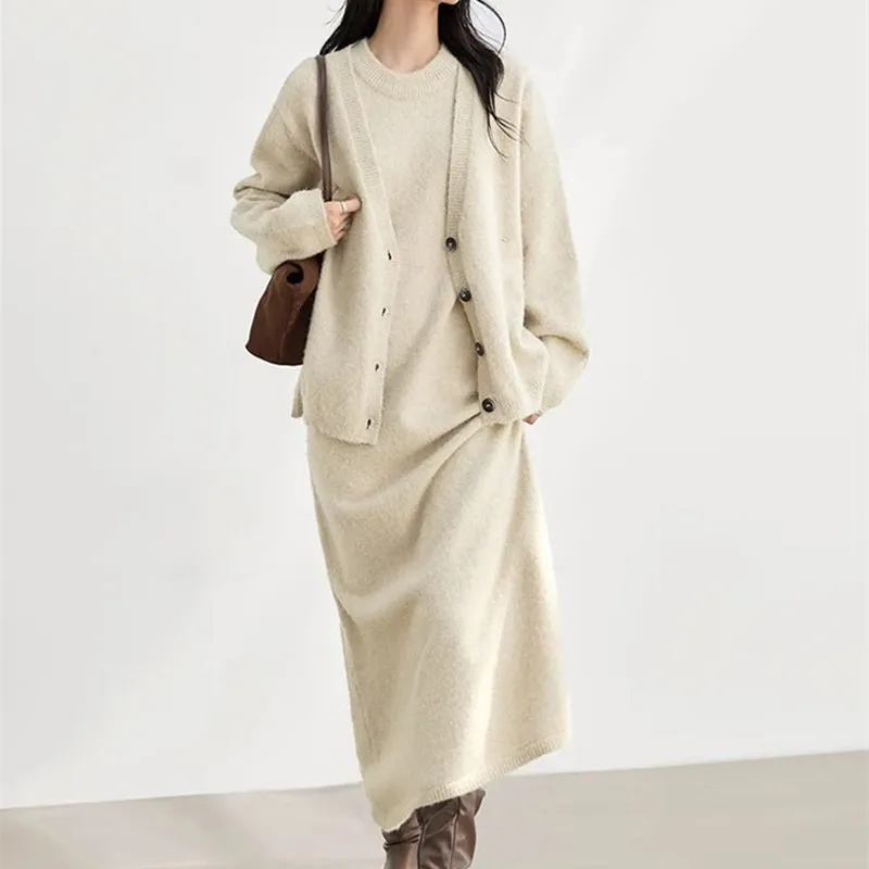 

Комплекты из 2 предметов, женские одинаковые комплекты, однотонные комплекты платьев, однобортное пальто, платье до щиколотки, свободное офисное женское платье, осень-зима 2023 г.