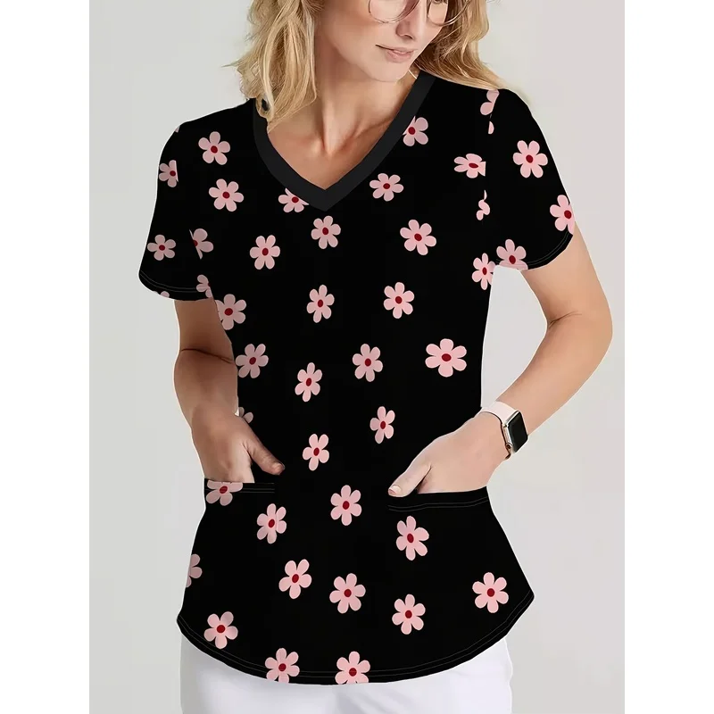 Women's FashionVShort-sleeved fashion Cleaning clothes Wash the shirt Nursing uniform（With two front pockets），Lively and vibrant
