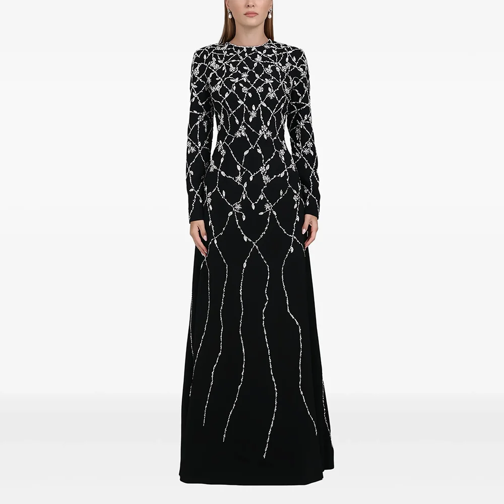 

Customized O-Neck Long Evening Dresses Elegant Formal Occasion Prom Gowns Crystal Long Sleeves Floor Length Prom Dresses