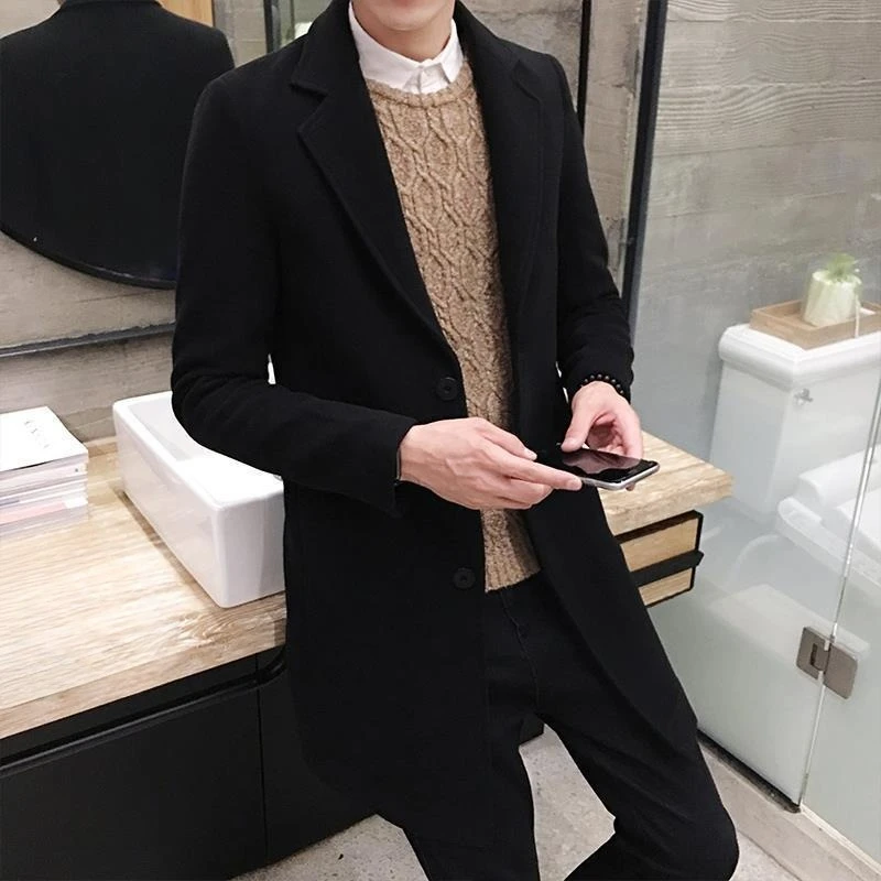 

Autumn Men's Slim Fit Wool Blend Overcoat Korean Style Mid Length Casual Coat with Notch Lapel Plus Size for College Students