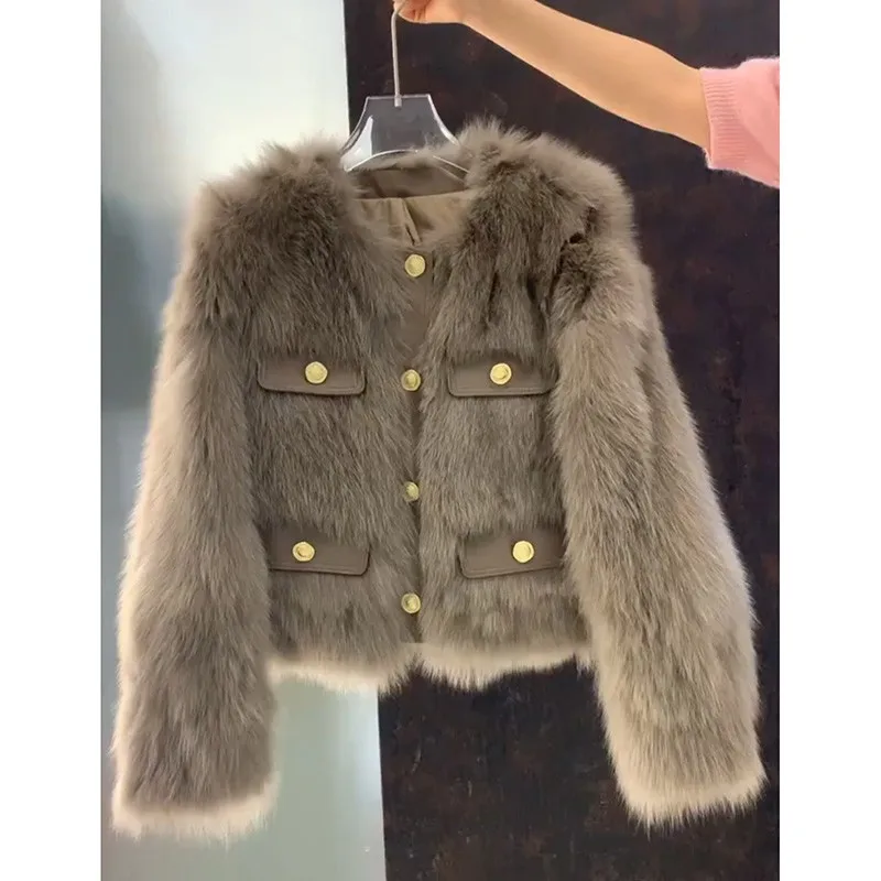 

Fashion Loose Short Faux Fur Coat Women's 2023 New Autumn Winter O-Neck High Quality Fluffy Jacket Long Sleeved Warm Outwear