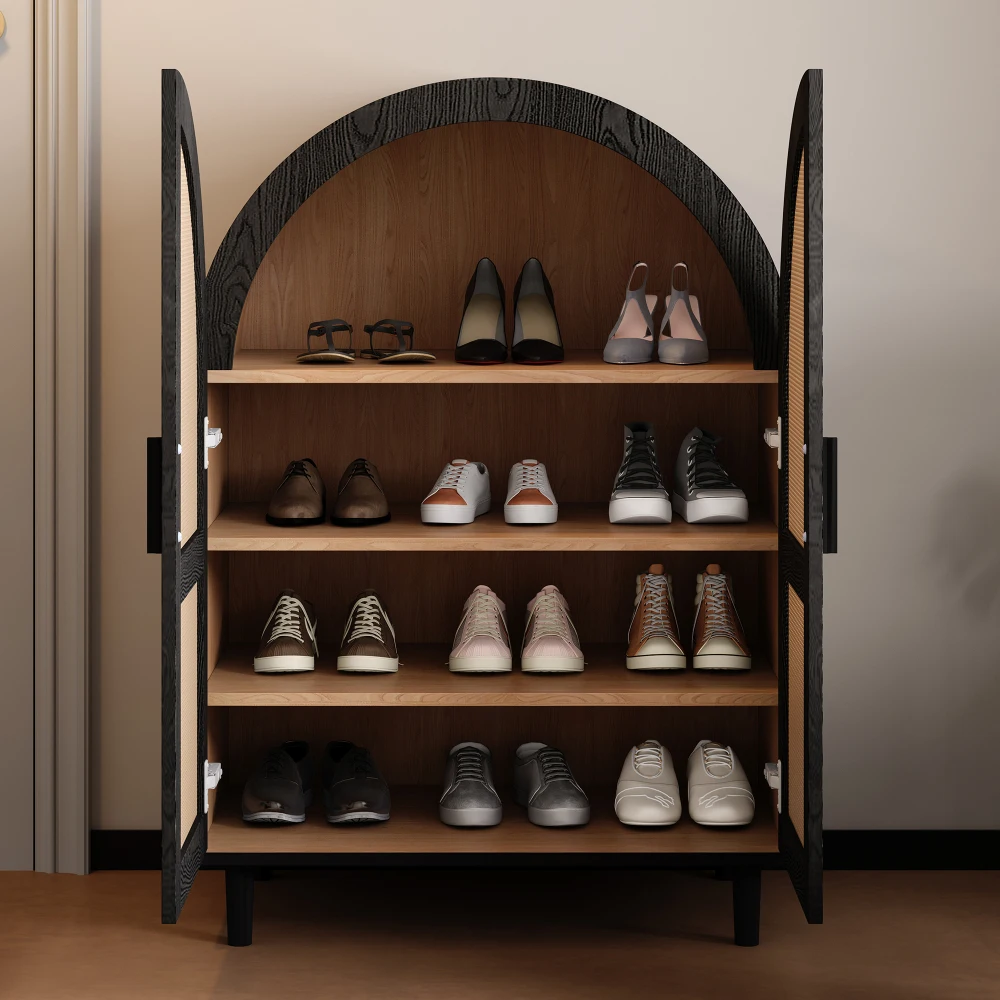 Elegantes Sideboard/Schuhschrank mit abgerundeten Außentüren, gebrochenen Rattan und drei Regalen. – Detail 4