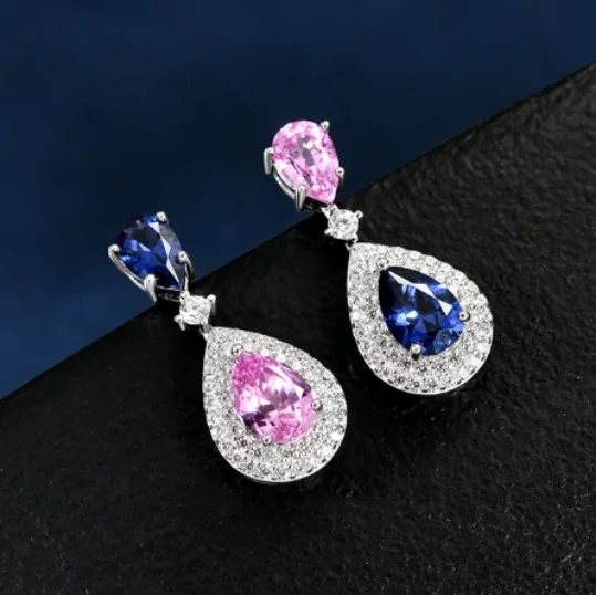 

New S925 Silver Water Drop 5 * 7 Pink+Blue Mixed Color Cultivated Sapphire 0.8carat Earnail Earrings Wedding Jewelry
