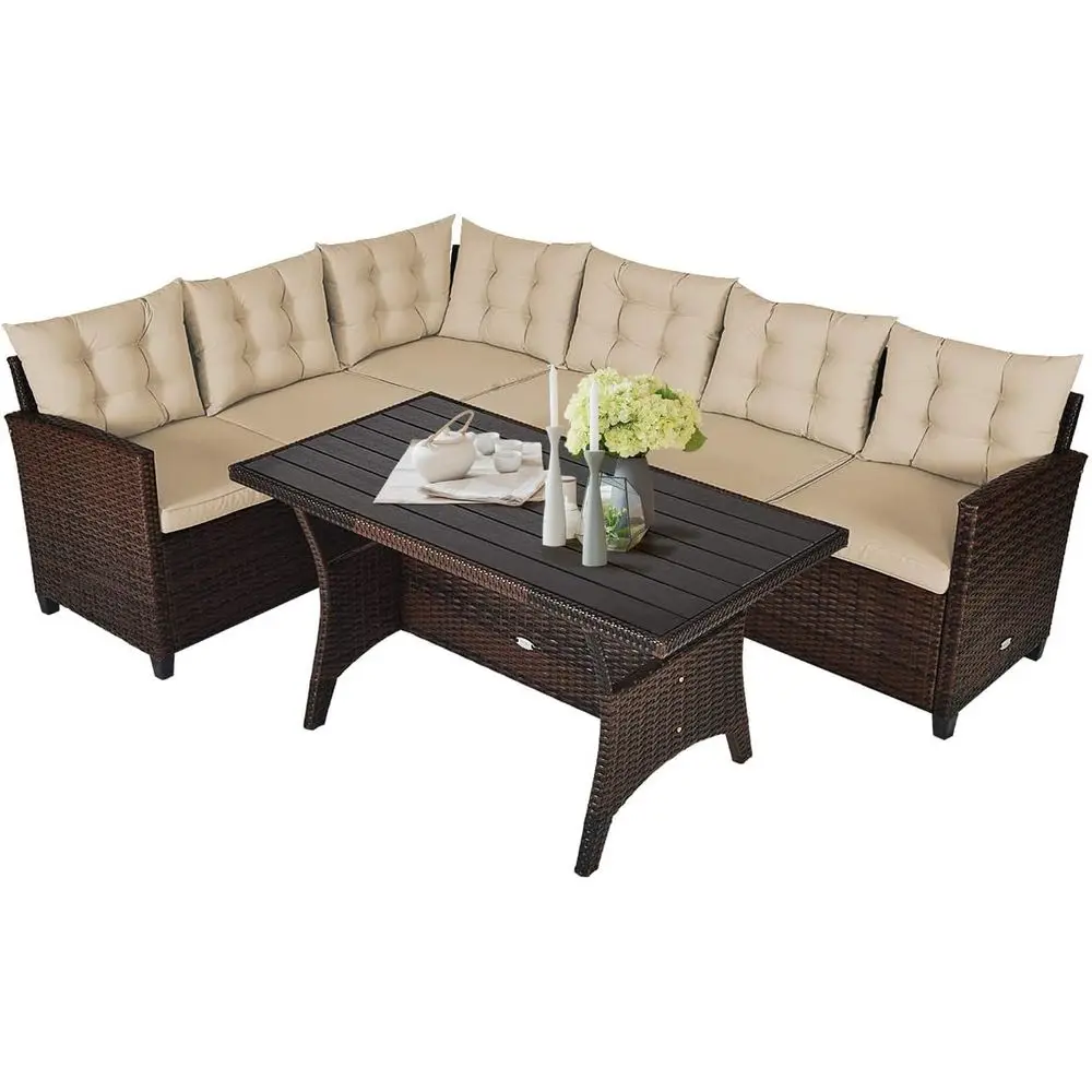 

3-Piece Outdoor Patio Furniture Set with Cushioned Seats, Brown Rattan Sofa, Ideal for Garden, Balcony, Lawn, Poolside, and Back