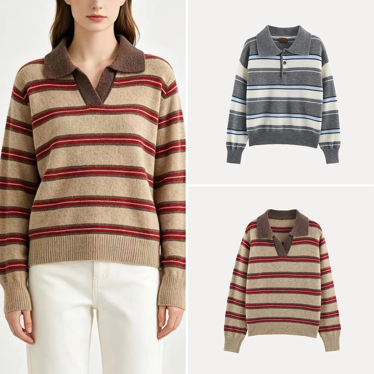 Fashionable Long Sleeve V-Neck Knitted Sweater Women's Casual Loose Fit Striped Color Block Design Autumn New Arrival