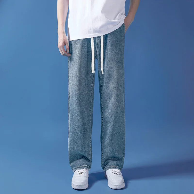 TRSYPHXM 2025 new Wide leg jeans men's summer Korean version casual, simple, trendy, loose drawstring straight leg long pants