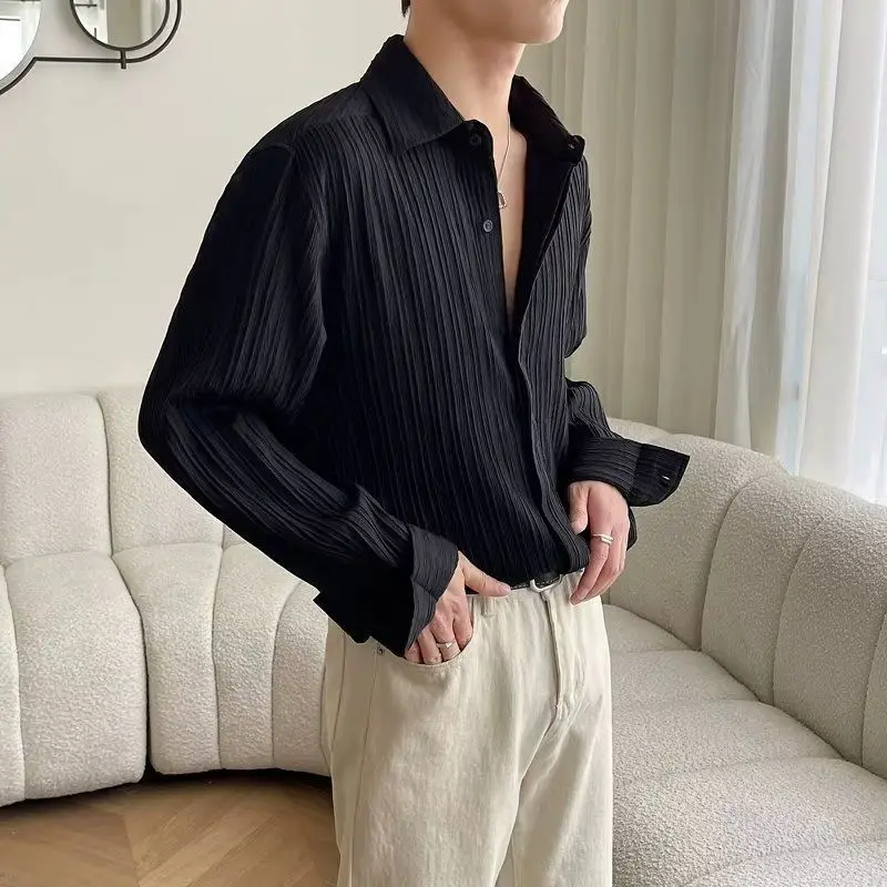 Luxury Black White Apricot Long Sleeve Shirt Men Fashion Wave Texture Cross-border Mens Shirt Pleated Loose Casual Tops Shirts