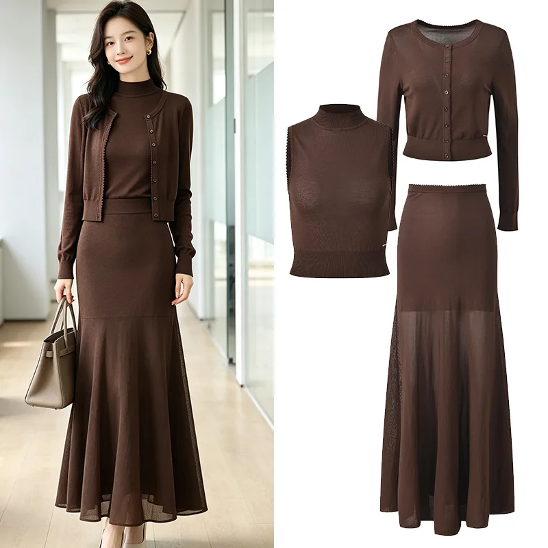New Arrival 2026 Autumn Solid Casual Suit O-neck Single-breasted Cardigan Mock Neck Vest Mermaid Long Skirt Women Knit 3Pcs