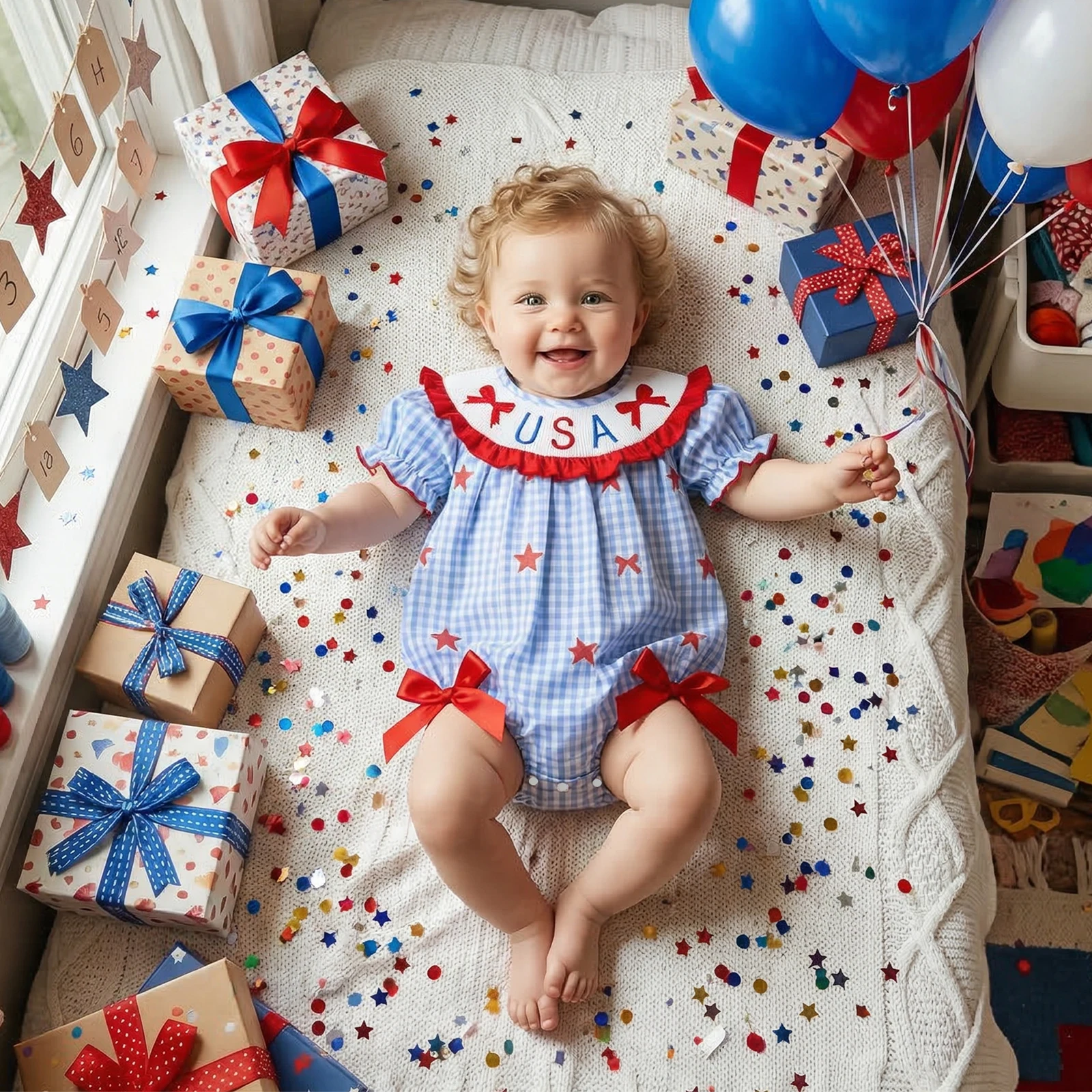 Infant Baby Girl Romper 4th of July Summer Puff Short Sleeve Crew Neck Letters Embroidery Plaid Print Bow Decor Jumpsuit