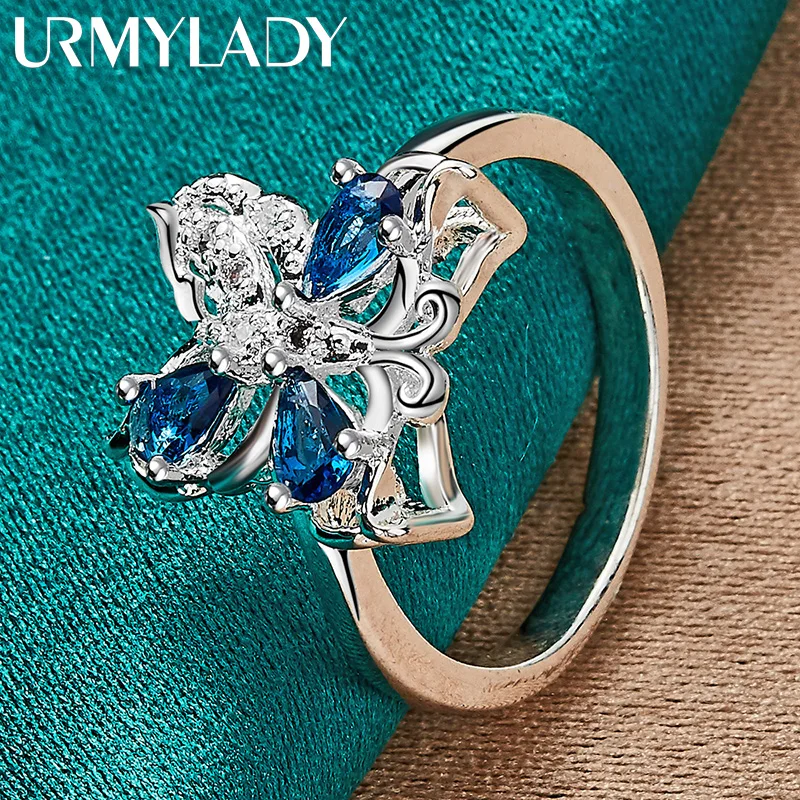 URMYLADY 925 Sterling Silver Butterfly Blue Zircon 7-10# Ring For Women Fashion Wedding Party Charm Jewelry