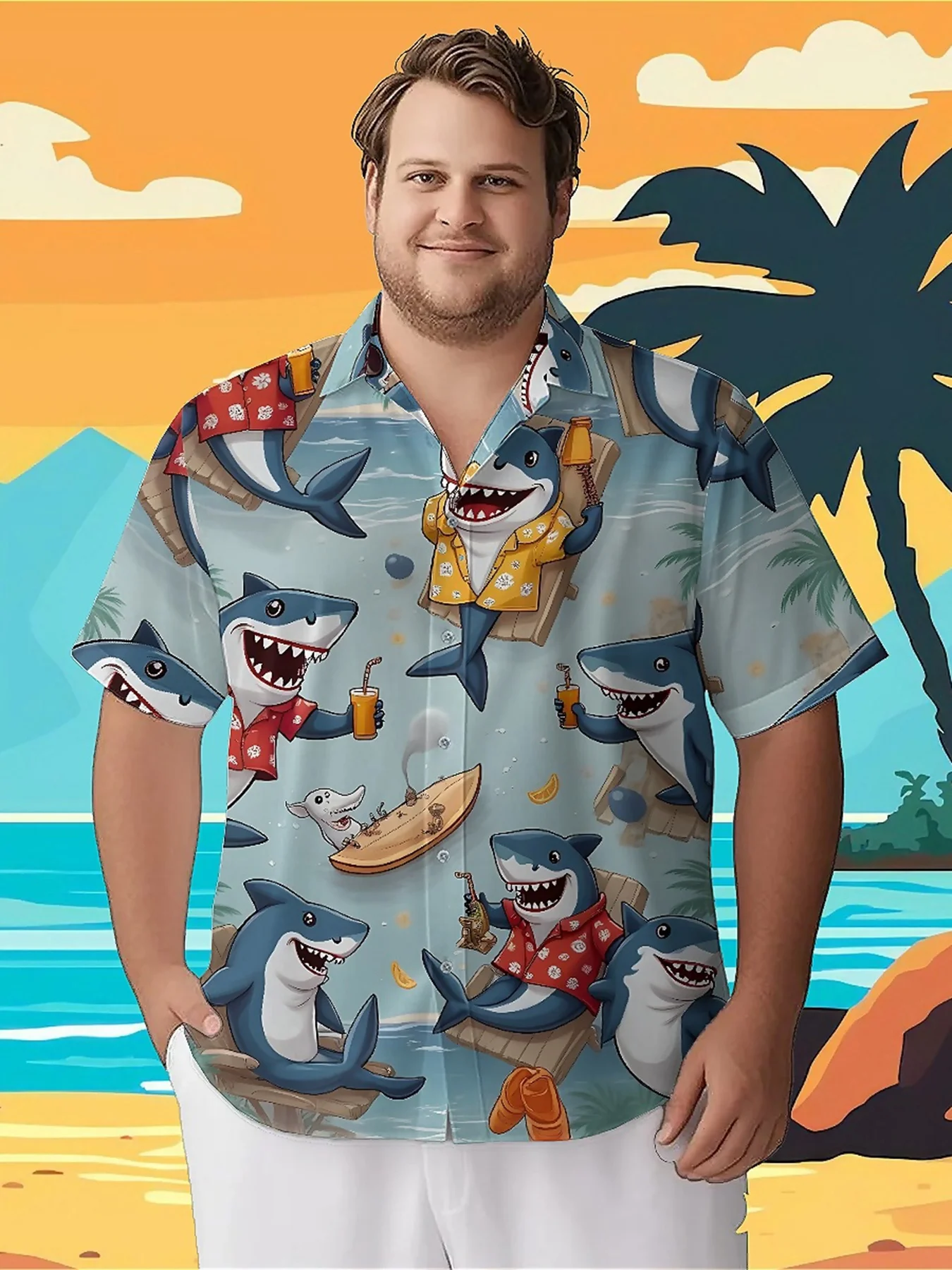

Men's Plus Size Hawaiian ShirtsTropical Beach Sharkpattern, Summer Casual Tops, Suitable for Outdoor and Party, Streetwear